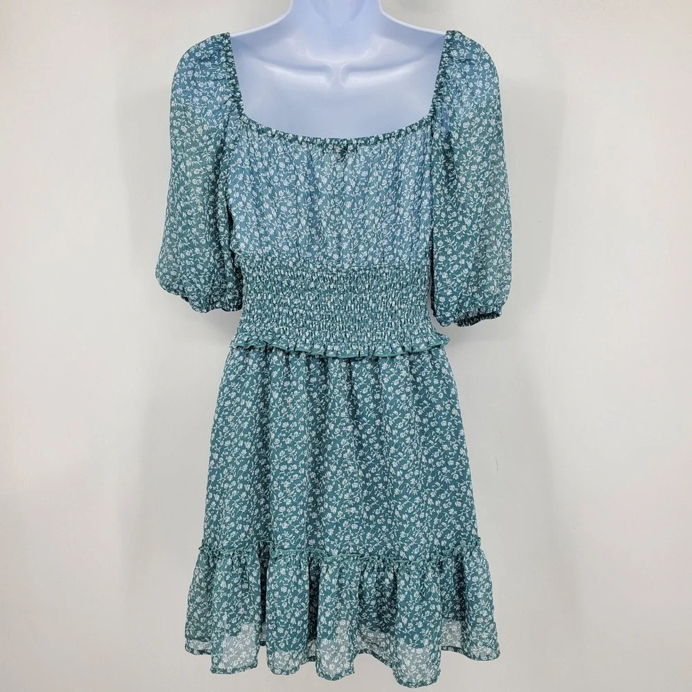 Trixxi Teal Floral Puff Sleeve Mini Dress